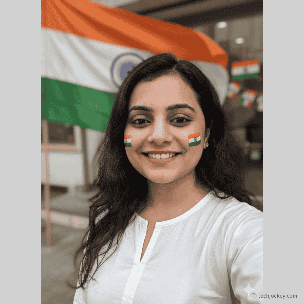 Smiling woman with Indian tricolor face paint standing in front of the national flag during Republic Day celebrations.