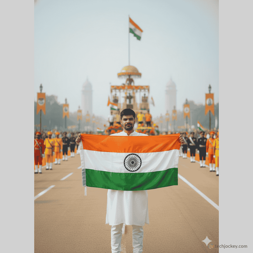 Man holding the Indian national flag at a Republic Day parade, with ceremonial formations and tricolor decorations along the parade route.