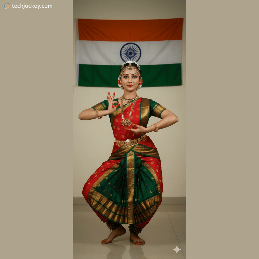 Indian classical dancer performing Bharatanatyam in front of the national flag, showcasing cultural heritage during Republic Day.