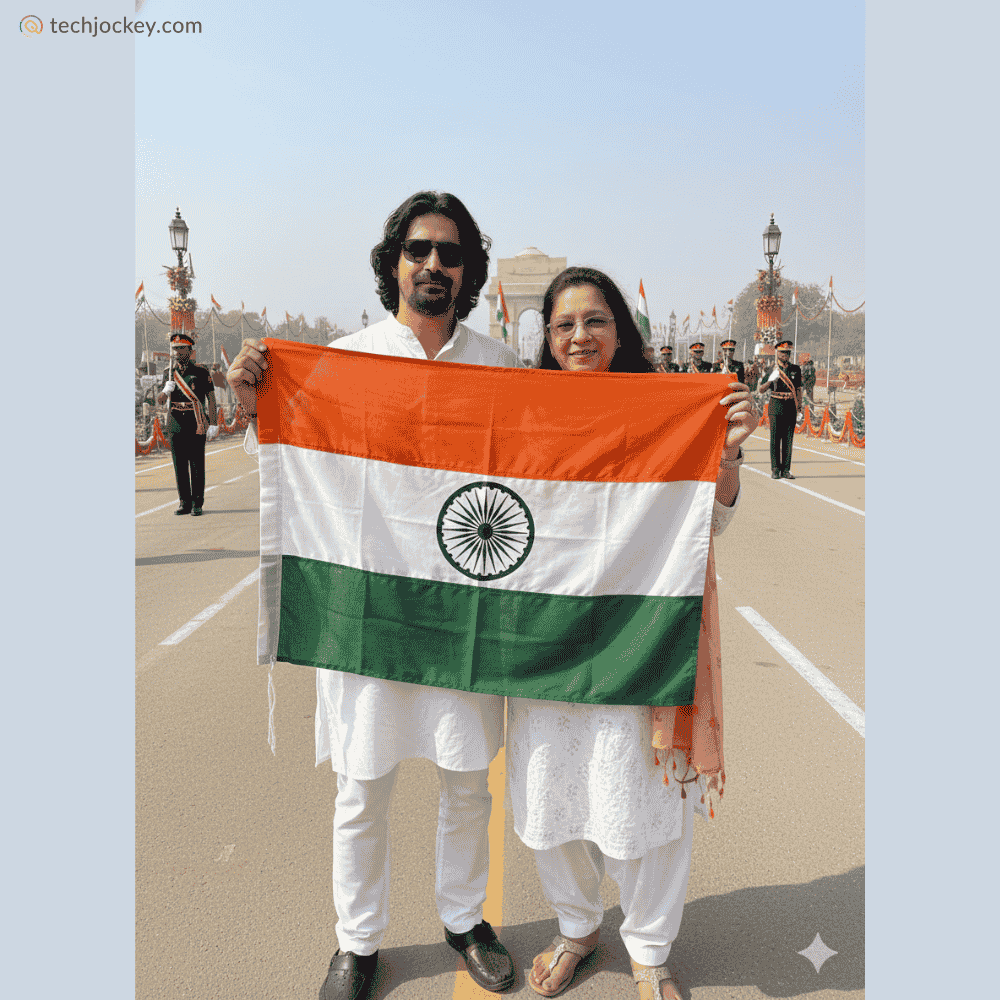 Man and woman in traditional white attire holding the Indian national flag during a Republic Day parade, with ceremonial guards and decorations in the background.