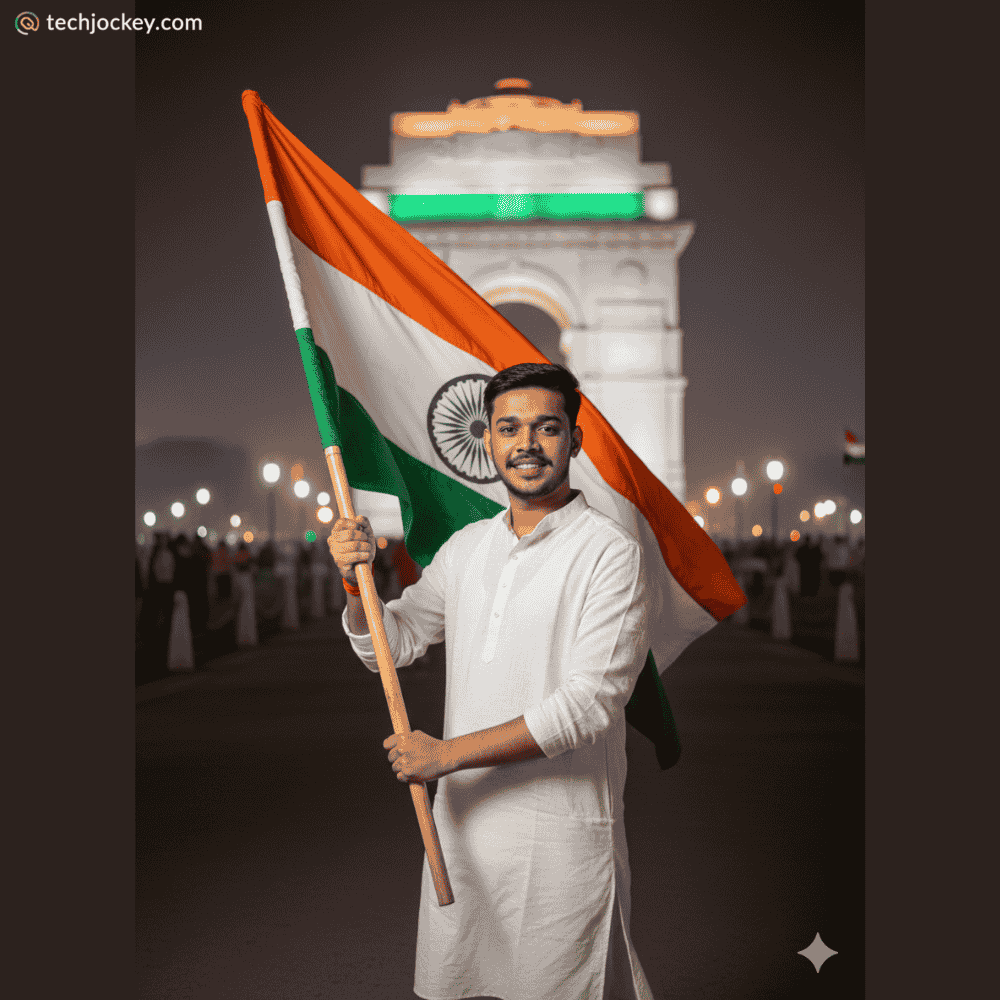 Young man holding the Indian national flag at India Gate illuminated for Republic Day celebrations, representing patriotism and national pride.