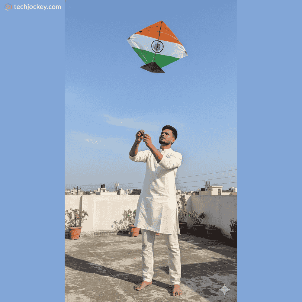 Man in traditional white kurta flying a tricolor kite on a rooftop, celebrating Republic Day with the Indian flag colors against a clear blue sky.
