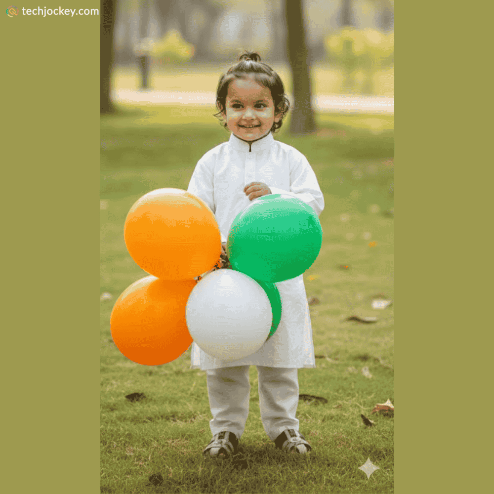 Smiling child dressed in white holding saffron, white, and green balloons in a park, celebrating Republic Day with joy and national pride.