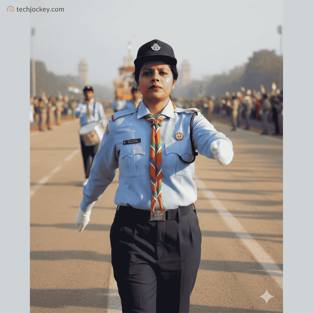 Woman officer in uniform marching confidently during a Republic Day parade, representing discipline, leadership, and national pride in India.