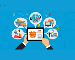 Illustration showing end-to-end logistics operations with shipment tracking, route planning, order processing, and real-time delivery visibility on a digital dashboard.