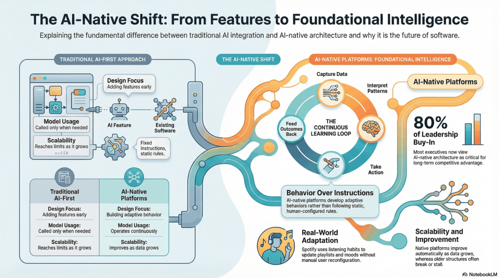 Diagram explaining the AI-native shift from AI-first software to AI-native platforms, showing continuous learning loops, adaptive behavior, scalability, and real-time decision-making compared to feature-based AI integration.