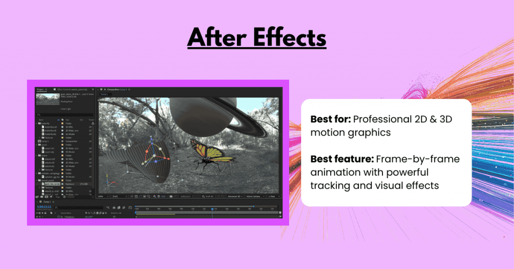 Adobe After Effects interface showing 2D and 3D motion graphics animation with visual effects and object tracking tools
