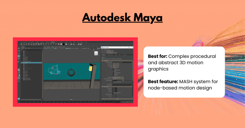 Autodesk Maya workspace displaying complex 3D motion graphics with procedural animation and MASH node system