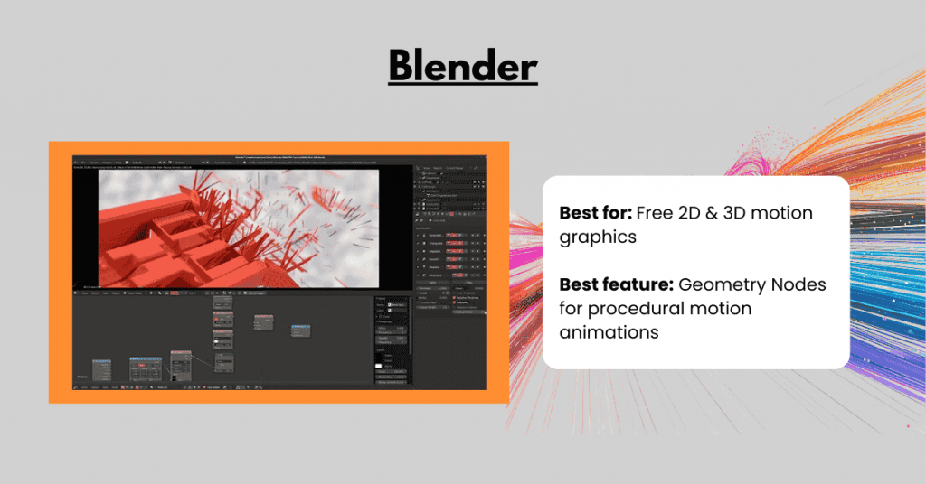 Blender software interface illustrating free 3D motion graphics creation using geometry nodes and procedural animation