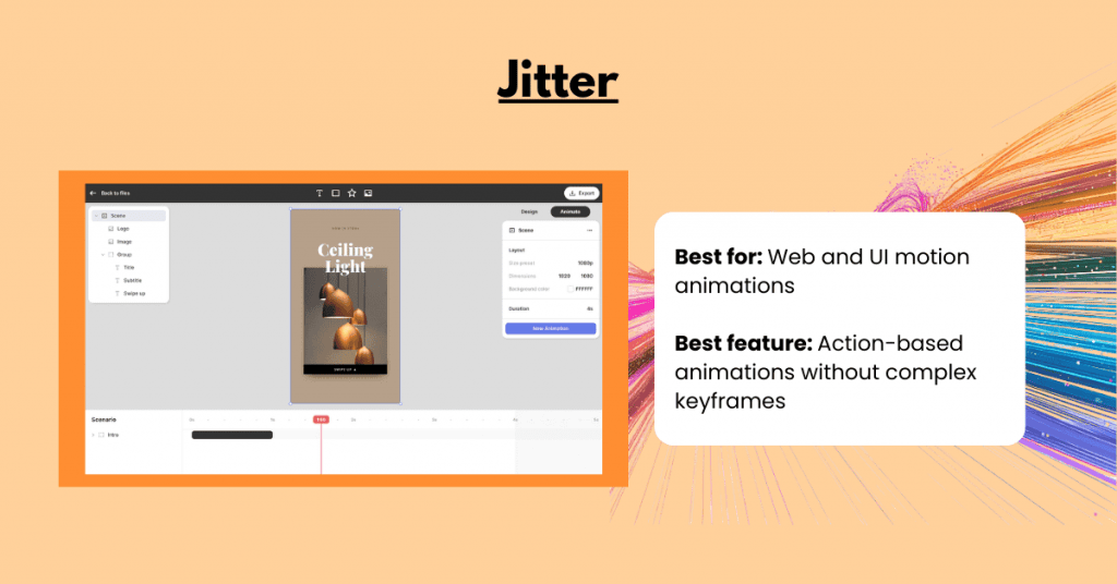 Jitter motion design tool interface used for creating web and UI animations with action-based motion effects