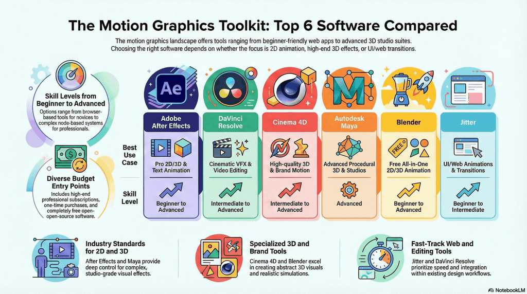 Motion graphics software comparison infographic showing Adobe After Effects, DaVinci Resolve, Cinema 4D, Autodesk Maya, Blender, and Jitter with best use cases and skill levels from beginner to advanced.