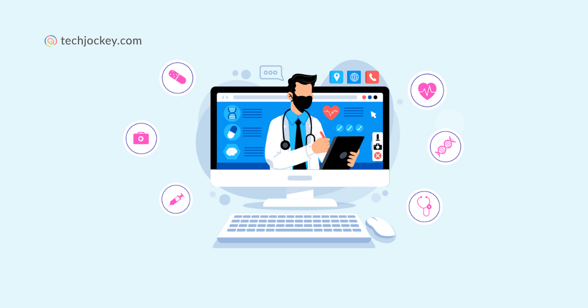 Doctor using digital healthcare management software on a computer for patient records, diagnostics, and medical data tracking