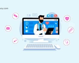 Doctor using digital healthcare management software on a computer for patient records, diagnostics, and medical data tracking