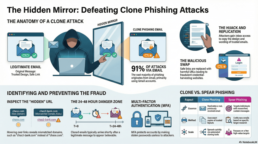 Infographic explaining clone phishing attacks, showing how legitimate emails are copied, malicious links swapped, and a comparison between clone phishing vs spear phishing with prevention tips like MFA and URL checks.