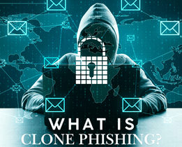 Hacker illustration showing clone phishing concept, with hooded attacker, email icons, lock symbol, and text What Is Clone Phishing? representing email-based cyber attack risks.