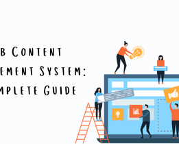 Illustration showing a web content management system where teams collaboratively create, edit, and manage website content using WCMS software.