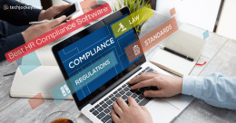 Best HR compliance software dashboard showing compliance, regulations, law, and standards on a laptop used by HR professionals in an office setting.