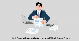 Illustration of an HR professional managing employee documents using automated workforce tools, with laptop, payroll files, and HR operations dashboard on desk.