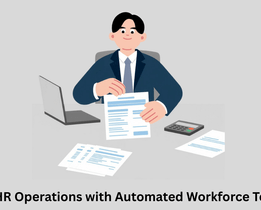 Illustration of an HR professional managing employee documents using automated workforce tools, with laptop, payroll files, and HR operations dashboard on desk.