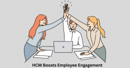 Illustration showing a team of employees high-fiving around a laptop, representing how HCM software boosts employee engagement through collaboration and feedback.