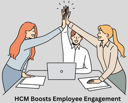 Illustration showing a team of employees high-fiving around a laptop, representing how HCM software boosts employee engagement through collaboration and feedback.