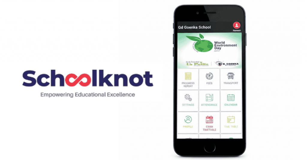Schoolknot school ERP mobile app interface showing attendance, exam timetable, fees, and transport management features.