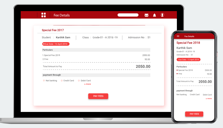 Fedena school ERP fee management dashboard with online payment options, student details, and fee breakdown on laptop and mobile.