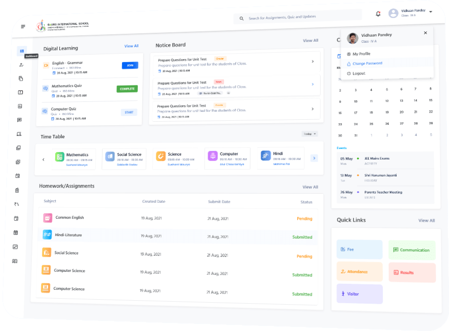 Edunext school management software dashboard displaying digital learning, assignments, timetable, and notice board modules.
