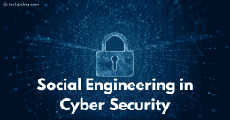 Social engineering in cyber security concept with digital padlock over network background and Techjockey branding.