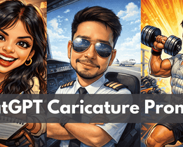 ChatGPT caricature prompts banner featuring cartoon-style illustrations of a news reporter, pilot, and fitness trainer with techjockey.com branding.