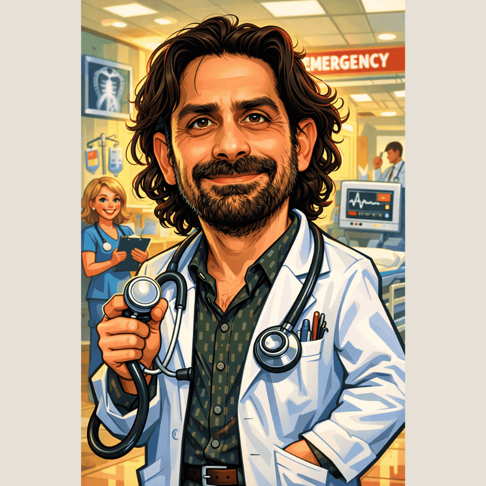 Caricature illustration of a male doctor holding a stethoscope in a hospital emergency room, with medical staff and monitoring equipment in the background.