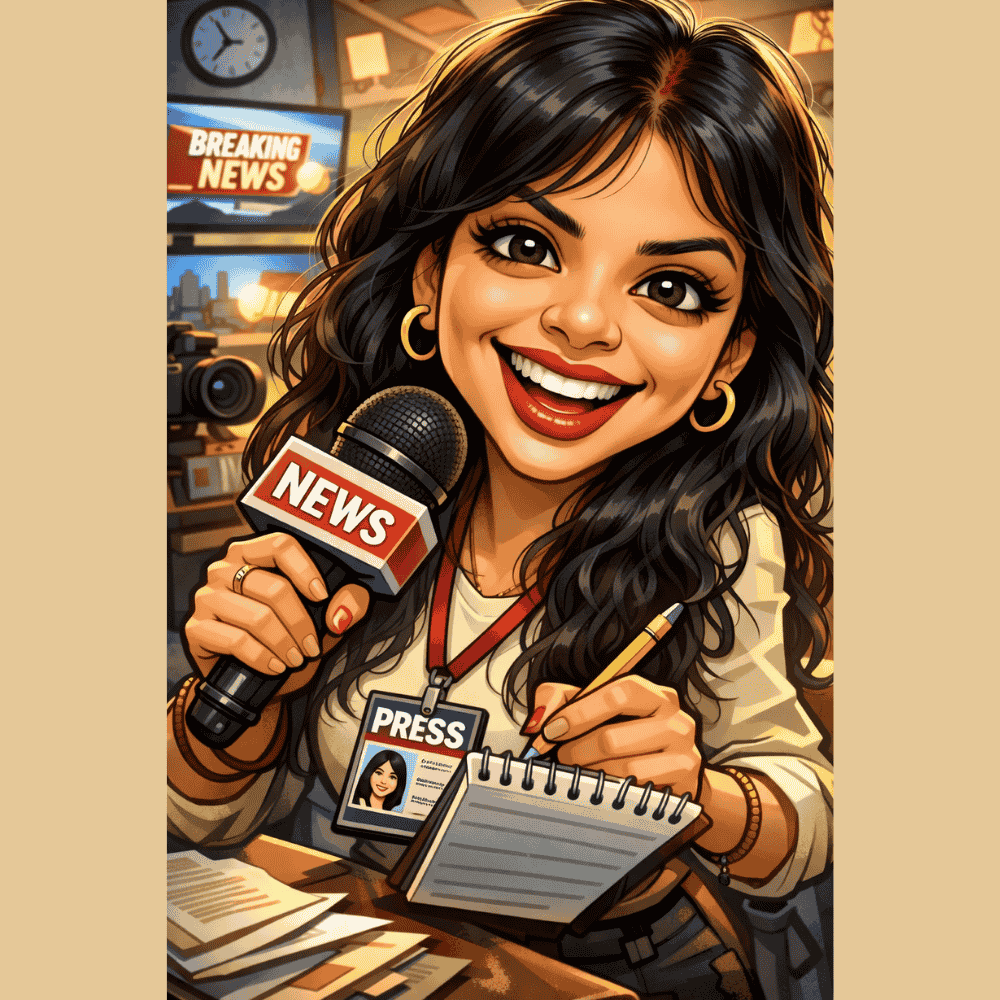 Caricature of a female news reporter holding a microphone labeled NEWS, wearing a press badge and taking notes in a newsroom with a breaking news screen.