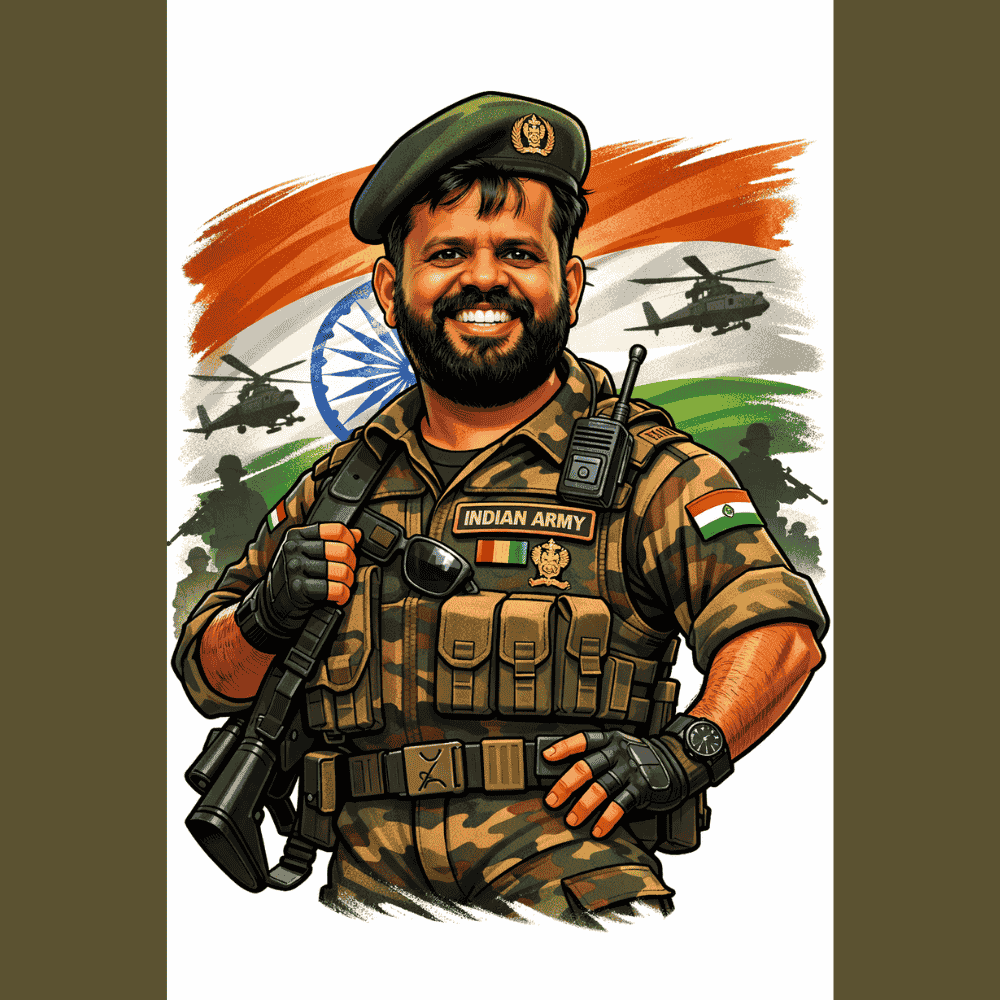 Caricature of an Indian Army soldier in uniform holding a rifle, standing against an Indian flag backdrop with helicopters in the background.