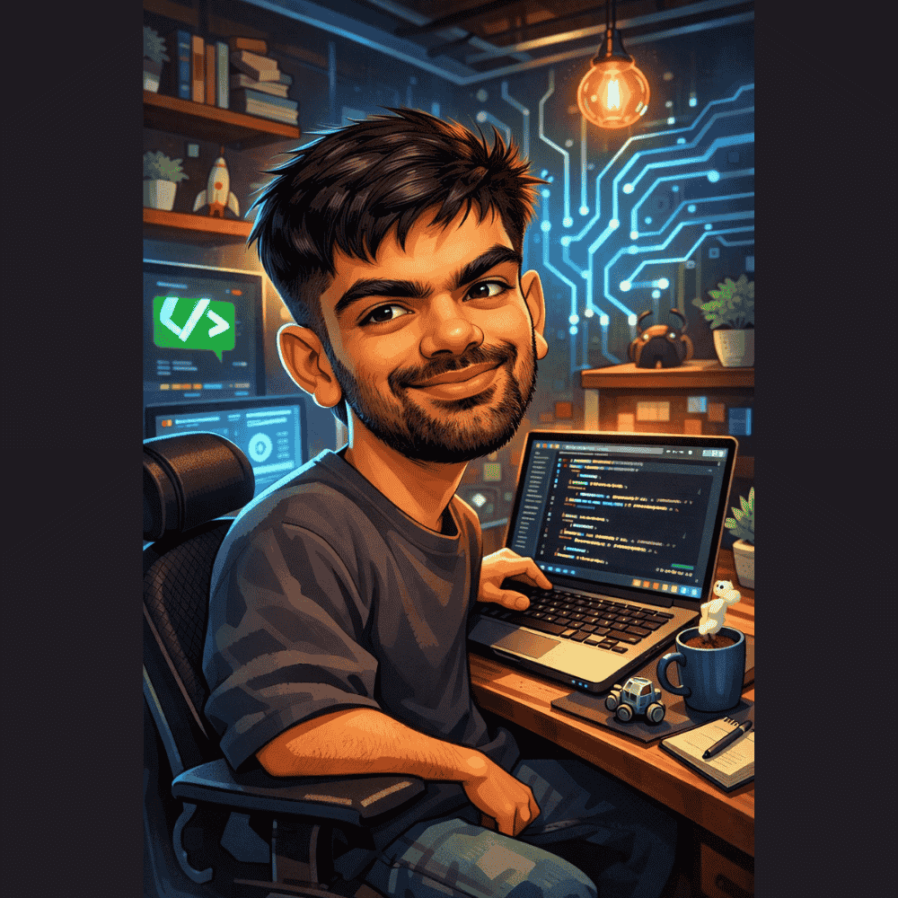 Caricature of a male software developer coding on a laptop in a tech workspace with digital circuit graphics and multiple computer screens.