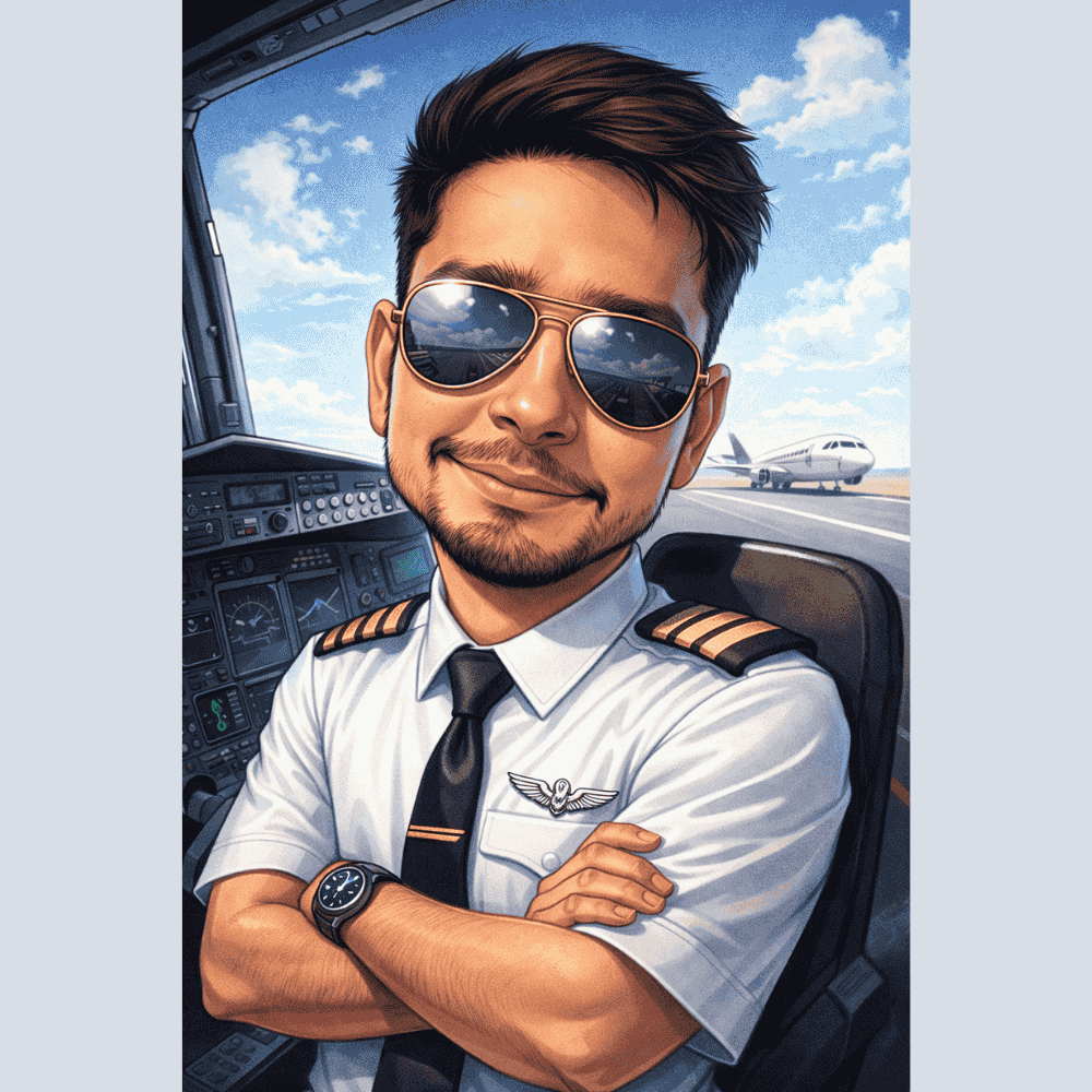 Caricature of a commercial airline pilot wearing aviator sunglasses inside an aircraft cockpit, with a plane visible on the runway outside.