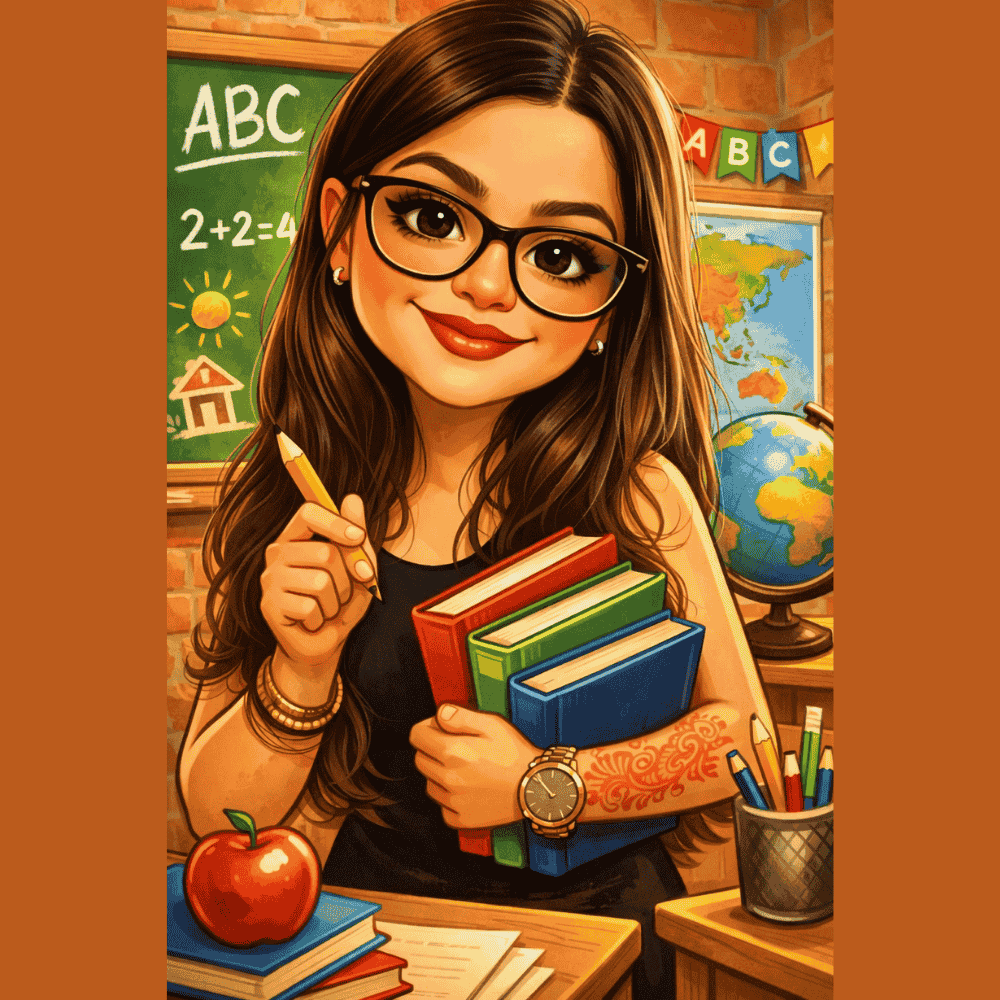 Caricature of a female teacher holding books and a pencil in a classroom, with ABC written on the blackboard and a globe in the background.