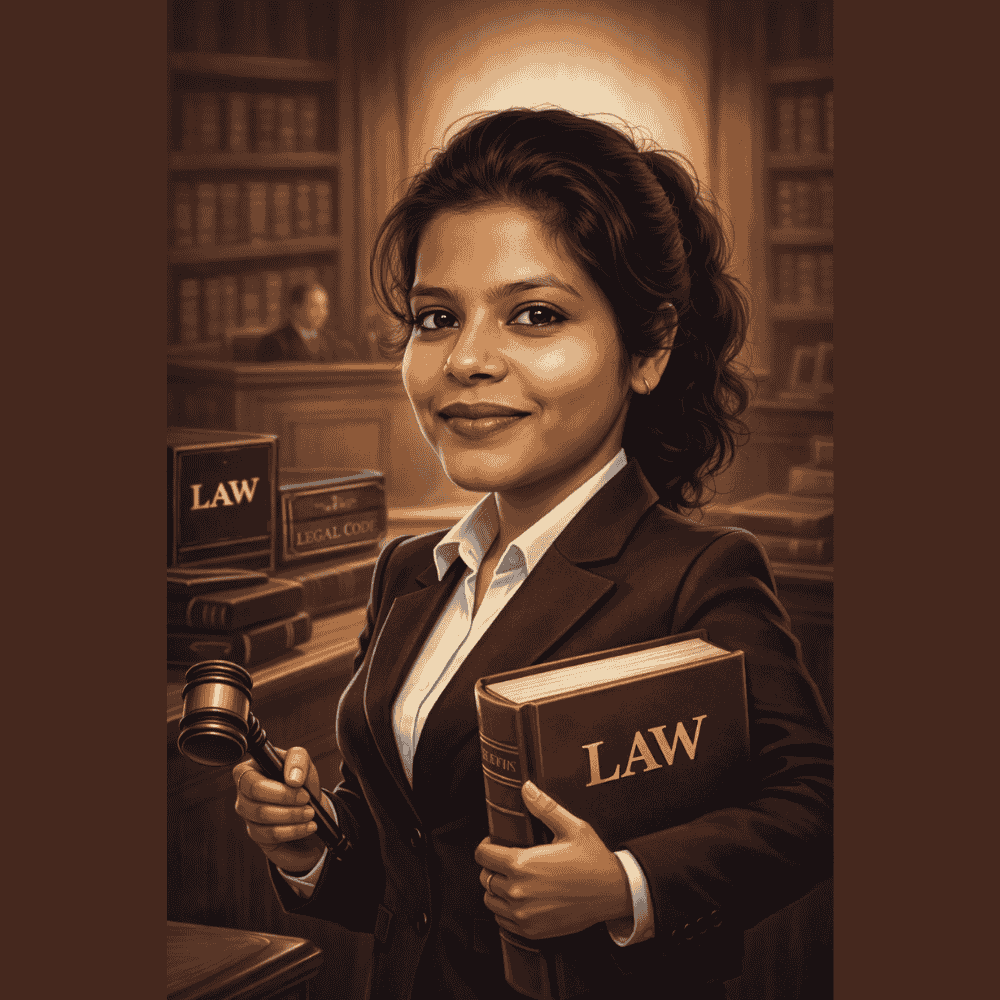 Caricature of a confident female lawyer holding a law book and gavel, standing inside a courtroom with legal books and judge’s bench behind her.