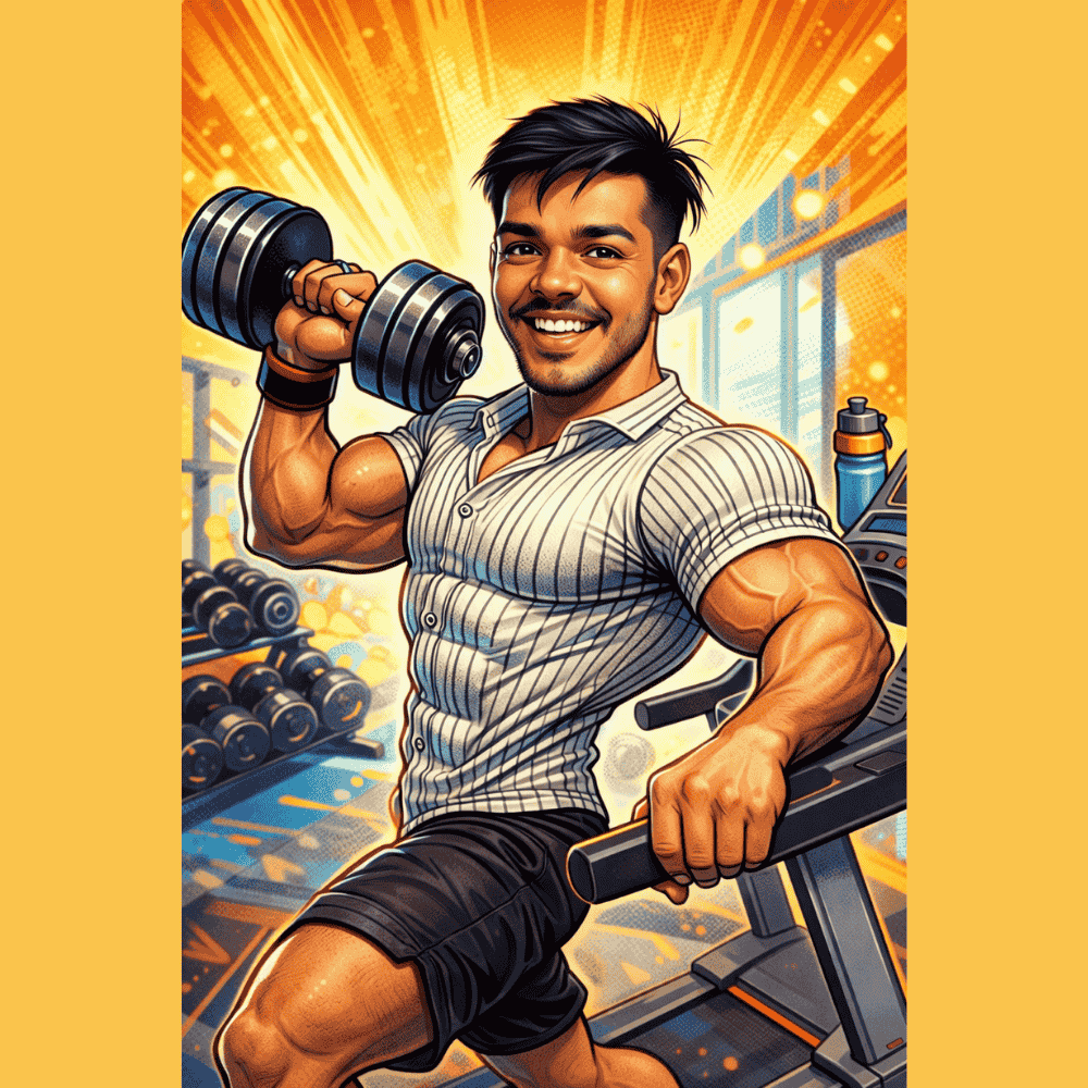 Caricature of a muscular male fitness trainer lifting a dumbbell in a gym, with workout equipment and bright energy background.