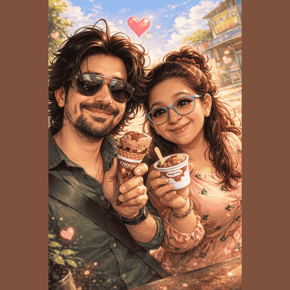 Caricature of a smiling couple enjoying chocolate ice cream outdoors, with heart icons and a cozy street setting in the background.