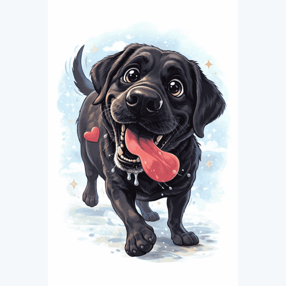 Adorable caricature illustration of a playful black puppy with big eyes and tongue out, standing on a soft blue background with heart icon accents.