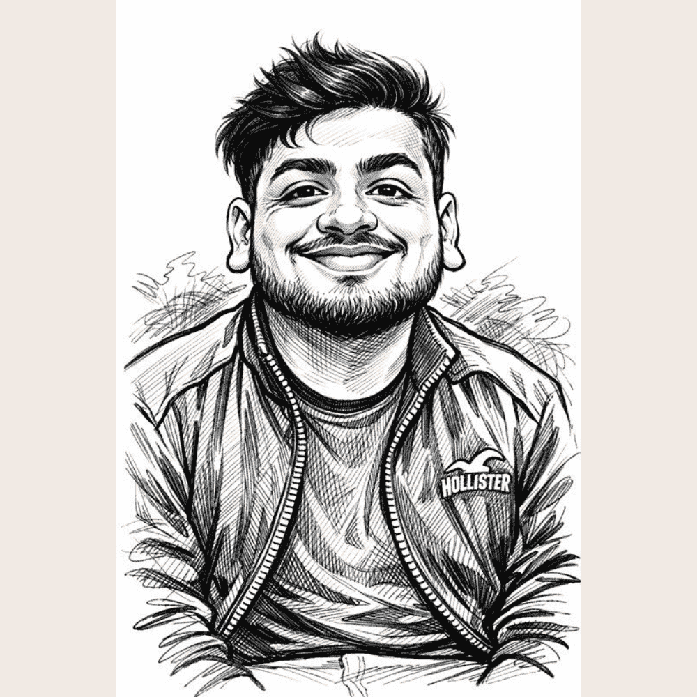 Hand-drawn black and white caricature sketch of a smiling young man wearing a casual jacket, detailed with pencil shading and artistic linework.