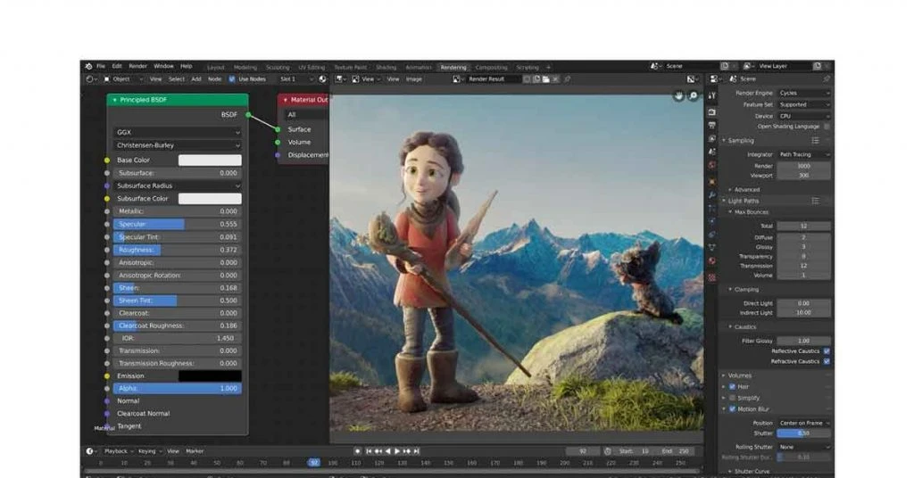 Blender 3D modeling software interface featuring animated character scene with shader editor and render settings panel.