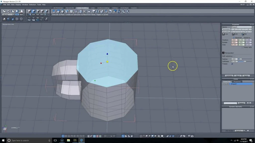 Daz 3D Hexagon modeling software interface showing polygonal mesh editing tools and surface extrusion workspace.