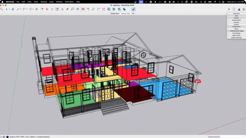 SketchUp 3D modeling software interface showing multi-level residential building wireframe and color-coded layout.