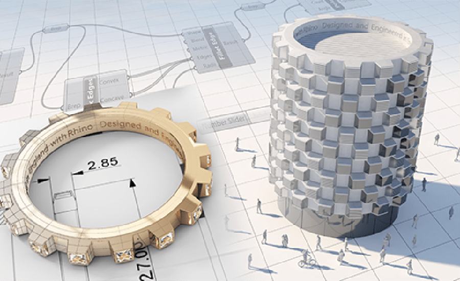 Rhino 3D modeling software interface presenting complex cylindrical design with parametric geometry layout.