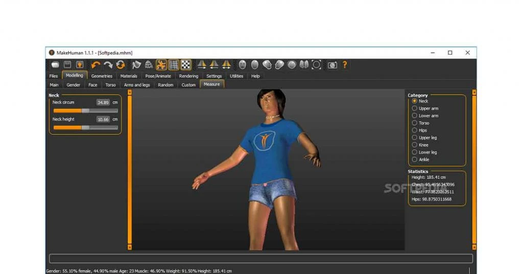 MakeHuman 3D character modeling software interface with customizable human model and body parameter controls.