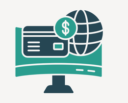 Online payment gateway illustration showing a computer monitor with credit card, globe, and dollar icon representing secure global digital transactions.