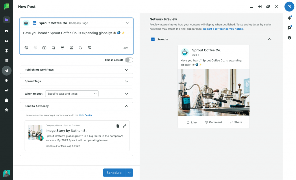 Sprout Social employee advocacy interface showing LinkedIn post scheduling, network preview, and content publishing workflow options