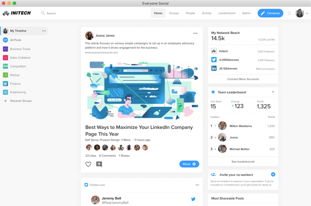 EveryoneSocial employee advocacy platform interface displaying content feed, leaderboard, and employee engagement analytics dashboard