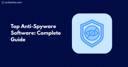 Top anti-spyware software complete guide banner with shield security icon and Techjockey branding